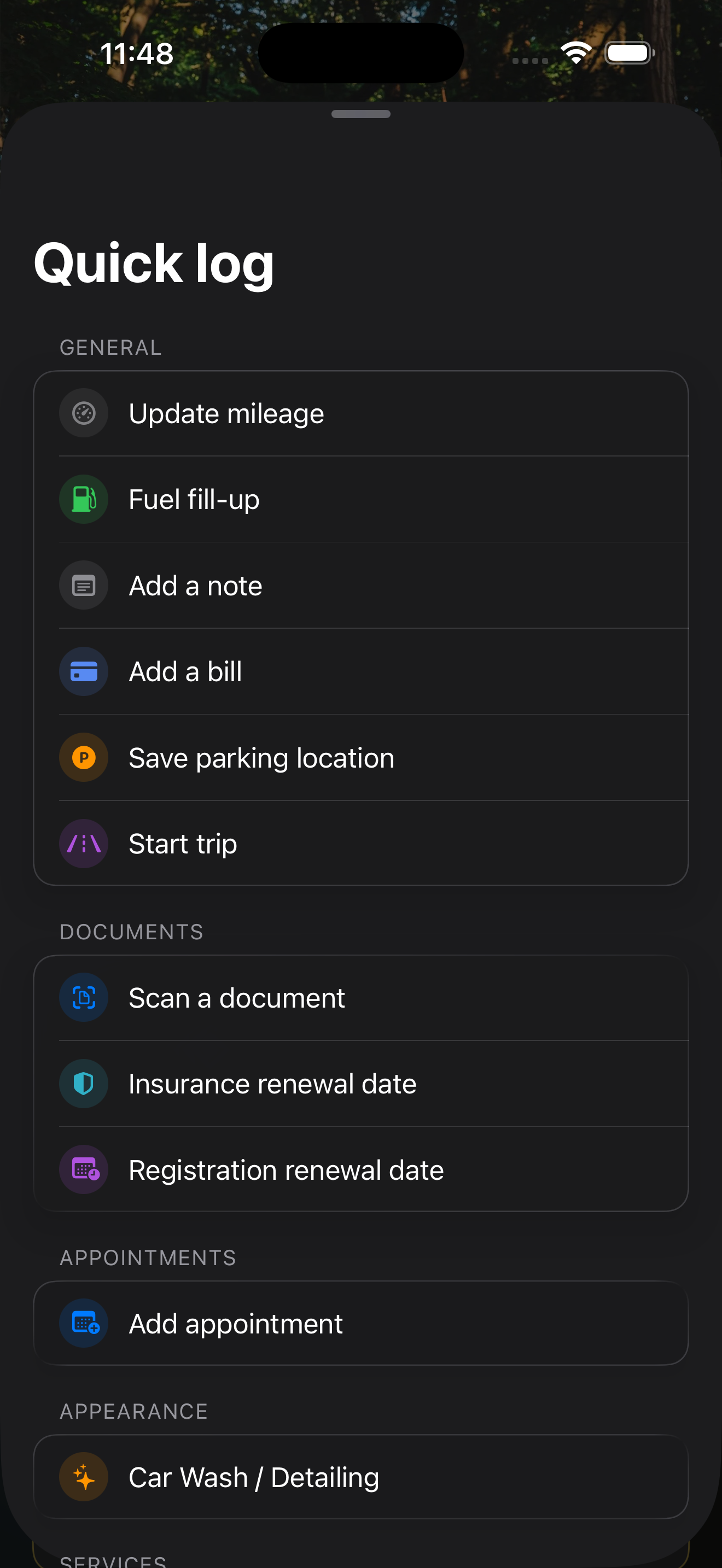 Quick log sheet with mileage, fuel, notes, bills, and parking actions.